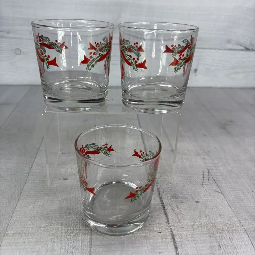 Anchor Hocking POINSETTIA & RIBBONS 89524 Rocks 9oz Whiskey Glasses Set 3 NEW